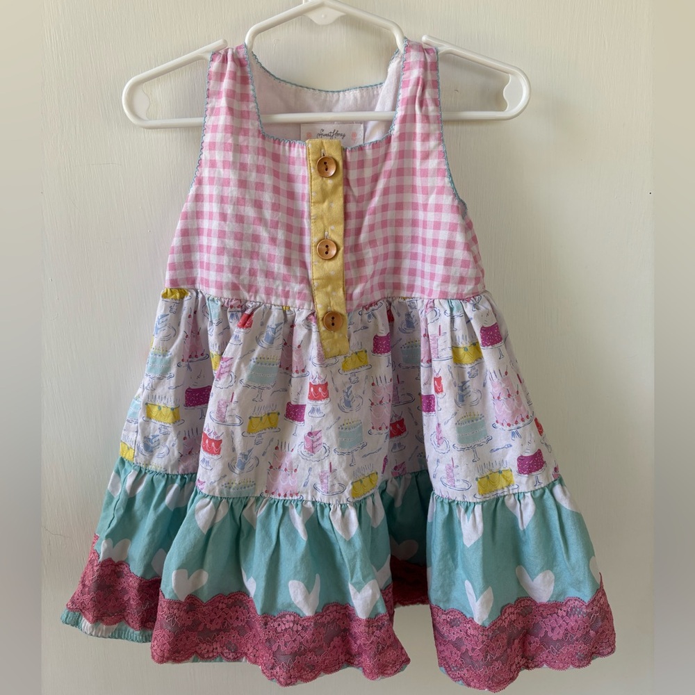 SweetHoney Girls Boutique Dress 4T Patchwork Birthday Cake Print Pink